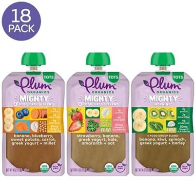 Plum Organics Mighty 4 and Mighty Morning Organic Toddler Food - 4 Food Group Blend Variety Pack - 4 oz Pouch (Pack of 18) - Organic Fruit and Vegetable Toddler Food Pouch (Amazon Exclusive)