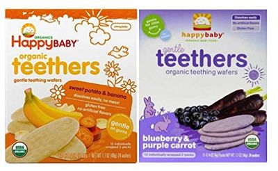 Happy Baby Organic Teethers 2 Flavor Bundle: (1) Sweet Potato  Banana Teething Wafers, and (1) Blueberry  Purple Carrot Teething Wafers, 1.7 Oz