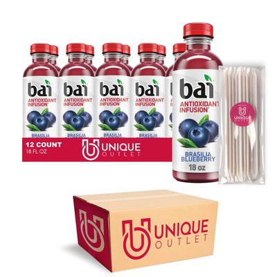 Bai 12-Pack of Brasilia Blueberry Antioxidant Infused Drink 18 fl oz Plastic Bottle  25 Sugarcane Food Grade Disposable Straws by Unique Outlet Brand