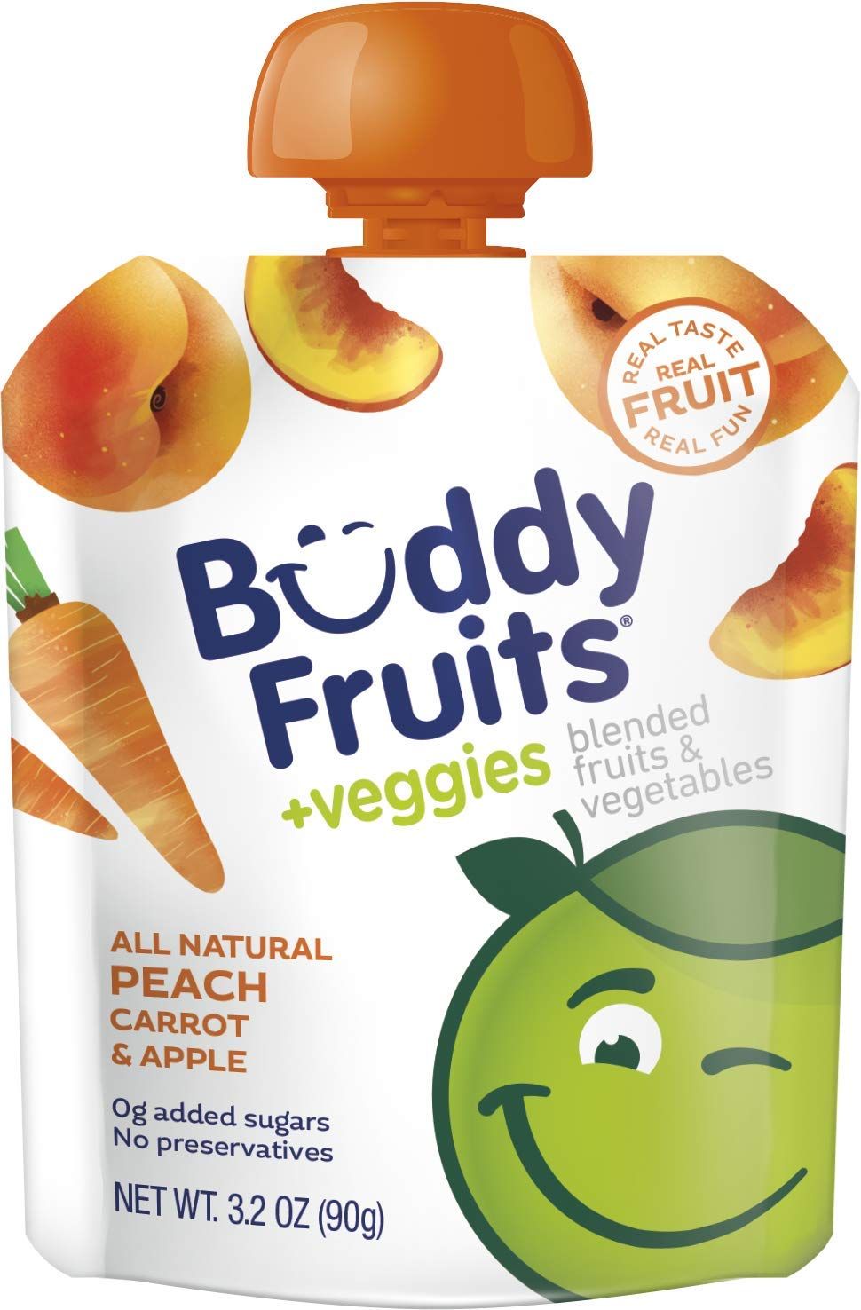Buddy Fruits  Veggies Snacks To Go Peach Carrot Unsweetened Applesauce 3.2oz Pouch (18pk) Gluten-Nut-Dairy-Preservatives-BPA Free, Non GMO, Kosher