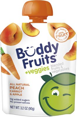 Buddy Fruits  Veggies Snacks To Go Peach Carrot Unsweetened Applesauce 3.2oz Pouch (18pk) Gluten-Nut-Dairy-Preservatives-BPA Free, Non GMO, Kosher