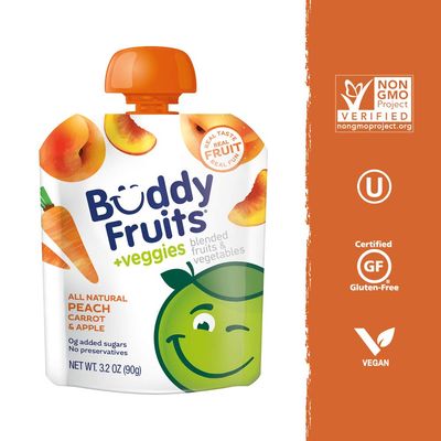 Buddy Fruits  Veggies Snacks To Go Peach Carrot Unsweetened Applesauce 3.2oz Pouch (18pk) Gluten-Nut-Dairy-Preservatives-BPA Free, Non GMO, Kosher