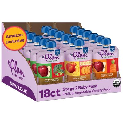 Plum Organics Stage 2 Organic Baby Food - Fruit and Veggie Variety Pack - 4 oz Pouch (Pack of 18) - Organic Fruit and Vegetable Baby Food Pouch (Amazon Exclusive)