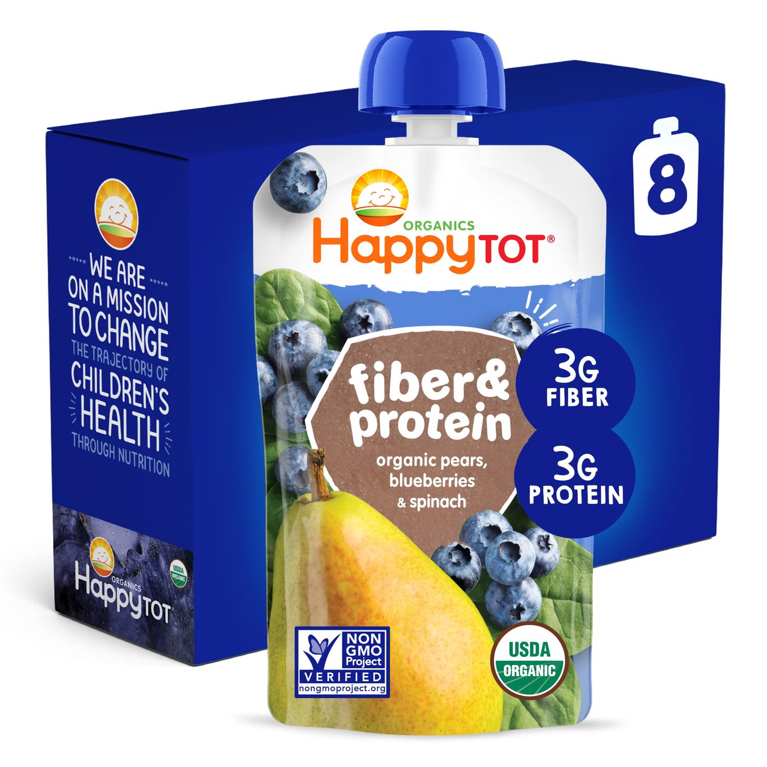 HAPPYTOT Organics Stage 4 Fiber  Protein, Pears, Blueberries  Spinach, 4 Ounce (Pack of 8)