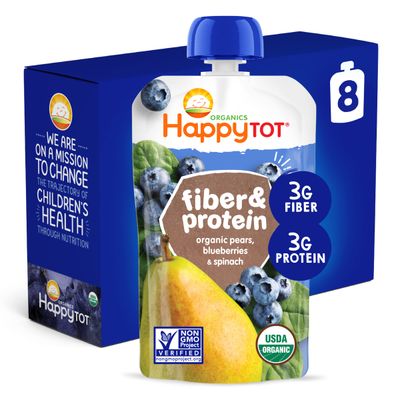 HAPPYTOT Organics Stage 4 Fiber  Protein, Pears, Blueberries  Spinach, 4 Ounce (Pack of 8)