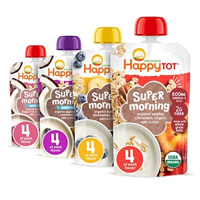 Happy Tot Organics Stage 4 Baby Food Pouches, Gluten Free, Super Morning Fruit  Oat Variety Pack Blend 4 Oz (Pack of 16), Amazon Exclusive