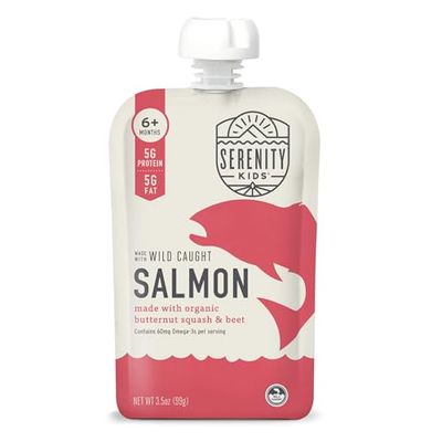 Serenity Kids 6 Months Baby Food Pouches Puree Made With Ethically Sourced Meats  Organic Veggies | 3.5 Ounce BPA-Free Pouch | Wild Caught Salmon, Butternut Squash, Beet | 1 Count
