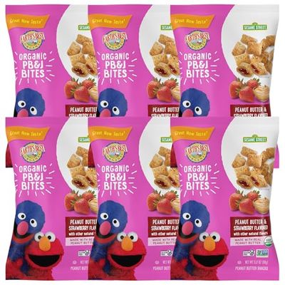 Earth&#39;s Best Organic Kids Snacks, Sesame Street Toddler Snacks, Organic PBJ Bites for Toddlers 2 Years and Older, Peanut Butter and Strawberry Flavored with Other Natural Flavors, 3.17oz (Pack of 6)