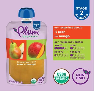 Plum Organics Stage 2 Organic Baby Food - Pear and Mango - 4 oz Pouch (Pack of 6) - Organic Fruit and Vegetable Baby Food Pouch