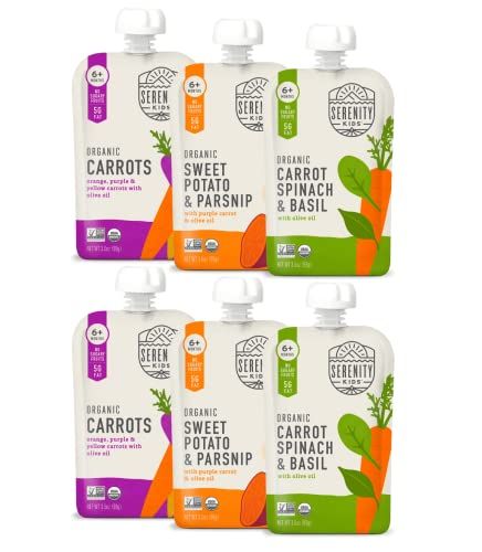 Serenity Kids 6 Months Certified Organic Baby Food Pouches Veggie Puree - No Sugary FruitsAdded Sugar - 3.5 Oz BPA  Allergen Free Pouch - Garden Veggie Variety Pack - 6 Count Veggie Puree Pouches
