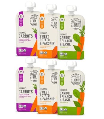 Serenity Kids 6 Months Certified Organic Baby Food Pouches Veggie Puree - No Sugary FruitsAdded Sugar - 3.5 Oz BPA  Allergen Free Pouch - Garden Veggie Variety Pack - 6 Count Veggie Puree Pouches