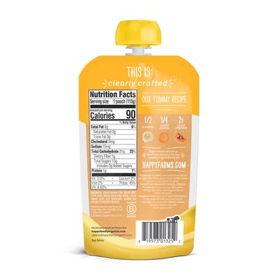 Happy Baby Organics Stage 2 Baby Food Pouches, Gluten Free, Vegan  Healthy Snack, Clearly Crafted Fruit  Veggie Puree, Bananas, Sweet Potatoes  Papayas, 4 Ounces (Pack of 16)