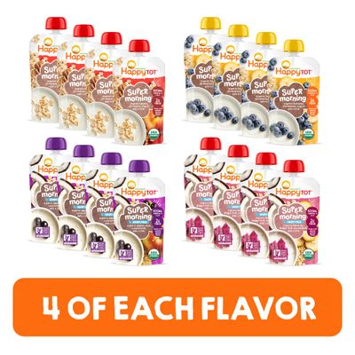 Happy Tot Organics Stage 4 Baby Food Pouches, Gluten Free, Super Morning Fruit  Oat Variety Pack Blend 4 Oz (Pack of 16), Amazon Exclusive