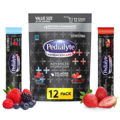 Pedialyte AdvancedCare Plus Electrolyte Powder, with 33 More Electrolytes and PreActiv Prebiotics, Strawberry FreezeBerry Frost Variety Pack, Electrolyte Drink Powder Packets, 0.6 oz, 12 Count