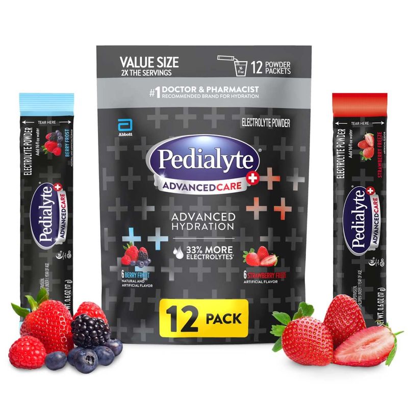 Pedialyte AdvancedCare Plus Electrolyte Powder, with 33 More Electrolytes and PreActiv Prebiotics, Strawberry FreezeBerry Frost Variety Pack, Electrolyte Drink Powder Packets, 0.6 oz, 12 Count