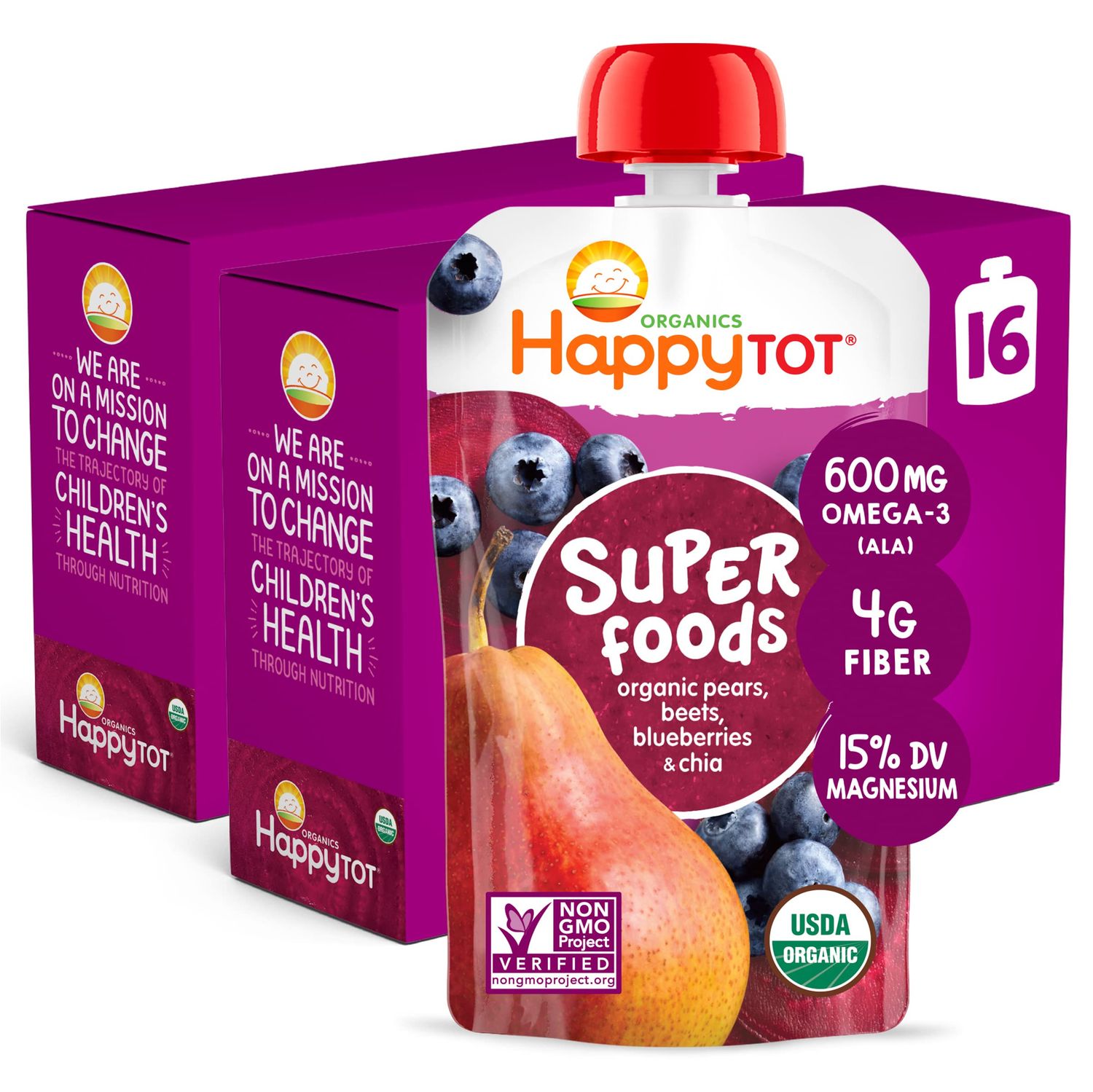Happy Tot Organics Stage 4 Baby Food Pouches, Gluten Free, Vegan Snack, SuperFoods Fruit  Veggie Puree, Pears, Blueberries, Beets  Chia, 4.22 Ounce (Pack of 16)