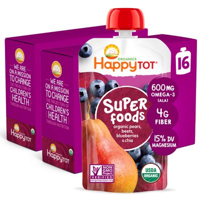 Happy Tot Organics Stage 4 Baby Food Pouches, Gluten Free, Vegan Snack, SuperFoods Fruit  Veggie Puree, Pears, Blueberries, Beets  Chia, 4.22 Ounce (Pack of 16)