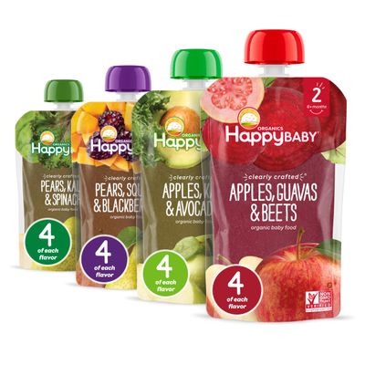 Happy Baby Organics Stage 2 Baby Food Pouches, Gluten Free, Vegan  Healthy Snack, Clearly Crafted Fruit  Veggie Puree, Fruit  Veggie Variety Pack, 4 Ounces (Pack of 16), Amazon Exclusive