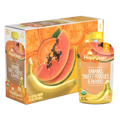 Happy Baby Organics Stage 2 Baby Food Pouches, Gluten Free, Vegan  Healthy Snack, Clearly Crafted Fruit  Veggie Puree, Bananas, Sweet Potatoes  Papayas, 4 Ounces (Pack of 16)