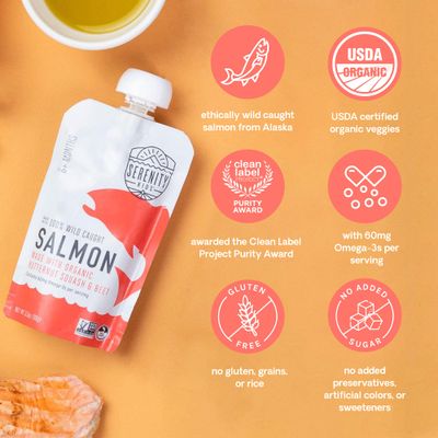 Serenity Kids 6 Months Baby Food Pouches Puree Made With Ethically Sourced Meats  Organic Veggies | 3.5 Ounce BPA-Free Pouch | Wild Caught Salmon, Butternut Squash, Beet | 1 Count