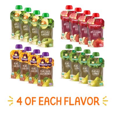 Happy Baby Organics Stage 2 Baby Food Pouches, Gluten Free, Vegan Healthy Snack, Clearly Crafted Fruit Veggie Puree, Fruit Veggie Variety Pack, 4 Ounces (Pack of 16), Amazon Exclusive