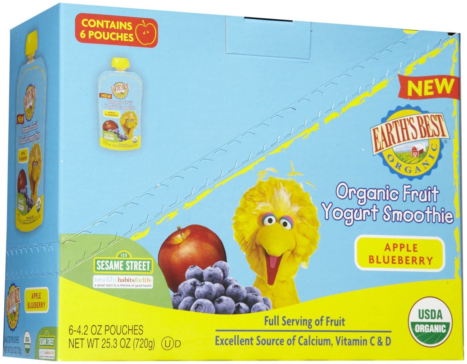 Earth&#39;s Best Organic Sesame Street Toddler Fruit Yogurt Smoothie, Apple Blueberry, 4.2 oz. Pouch (Pack of 6)