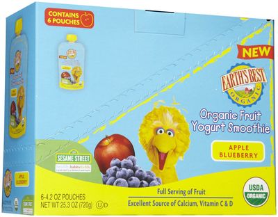 Earth&#39;s Best Organic Sesame Street Toddler Fruit Yogurt Smoothie, Apple Blueberry, 4.2 oz. Pouch (Pack of 6)