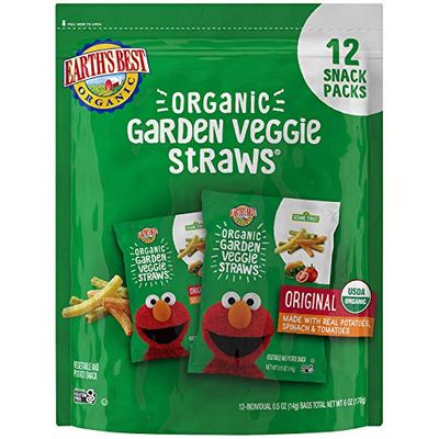 Earth&#39;s Best Organic Kids Snacks, Sesame Street Toddler Snacks, Organic Garden Veggie Straws for Toddlers 2 Years and Older, Original, Multipack, .5 oz Bags, 12 Count