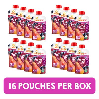 Happy Tot Organics Stage 4 Baby Food Pouches, Gluten Free, Vegan Snack, SuperFoods Fruit Veggie Puree, Pears, Blueberries, Beets Chia, 4.22 Ounce (Pack of 16)