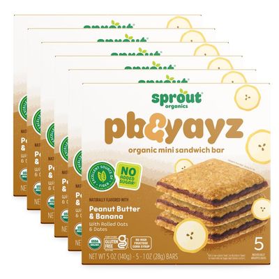 Sprout Organics, PB  Yayz Toddler Snack Bars, Peanut Butter  Banana, 5 Individual Bars 1.02 oz Each (6-boxes)