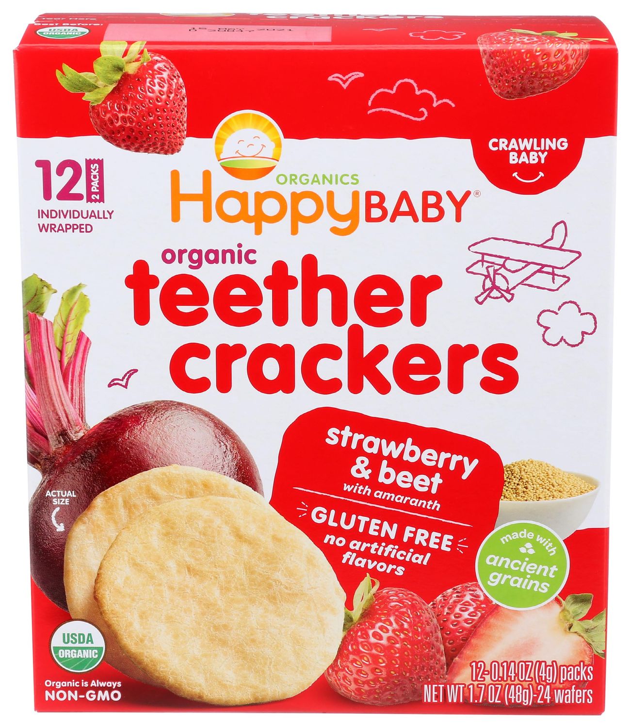 HAPPY BABY Organic Strawberry  Beet Teether Crackers 12 Count, 1.7 OZ