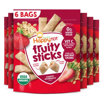 Happy Tot Organics Fruity Sticks, Oat  Fruit Filled Grain Sticks, Strawberry, Organic Toddler Snack, 2.5 Ounce Bag (Pack of 6)