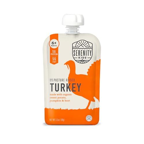 Serenity Kids 6 Months Baby Food Pouches Puree Made With Ethically Sourced Meats  Organic Veggies | 3.5 Ounce BPA-Free Pouch | Pasture Raised Turkey, Sweet Potato, Pumpkin, Beet | 1 Count