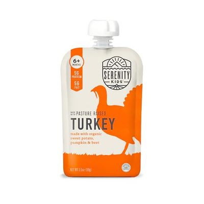 Serenity Kids 6 Months Baby Food Pouches Puree Made With Ethically Sourced Meats  Organic Veggies | 3.5 Ounce BPA-Free Pouch | Pasture Raised Turkey, Sweet Potato, Pumpkin, Beet | 1 Count