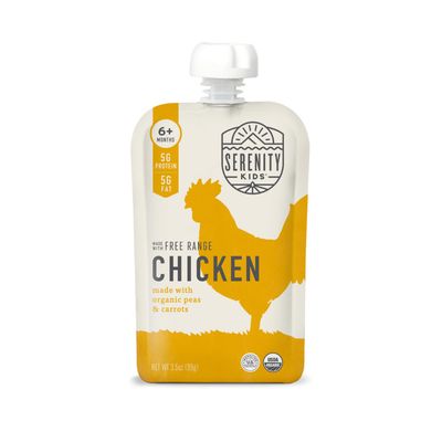 Serenity Kids 6 Months Baby Food Pouches Puree Made With Ethically Sourced Meats  Organic Veggies | 3.5 Ounce BPA-Free Pouch | Free Range Chicken, Pea, Carrot | 1 Count
