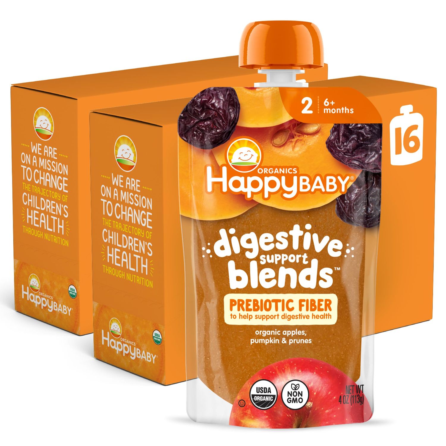 Happy Baby Digestive Support Blends, Organic Stage 2 Baby Food with Prebiotic Fiber, Apple, Pumpkin  Prune, 4 Ounce Pouch (Pack of 16)