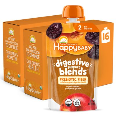Happy Baby Digestive Support Blends, Organic Stage 2 Baby Food with Prebiotic Fiber, Apple, Pumpkin  Prune, 4 Ounce Pouch (Pack of 16)