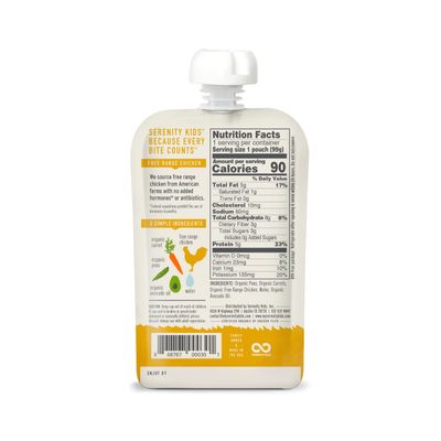 Serenity Kids 6 Months Baby Food Pouches Puree Made With Ethically Sourced Meats Organic Veggies | 3.5 Ounce BPA-Free Pouch | Free Range Chicken, Pea, Carrot | 1 Count