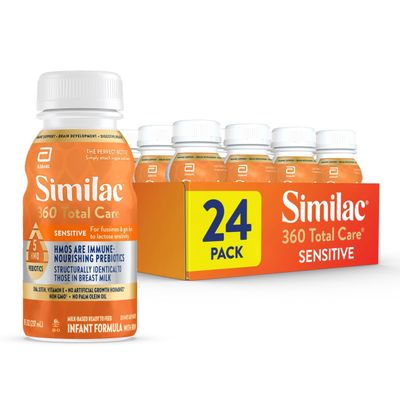 Similac 360 Total Care Sensitive Infant Formula for Fussiness  Gas Due to Lactose Sensitivity, Has 5 HMO Prebiotics, Non-GMO,  Baby Formula, Ready to Feed, 8-fl-oz Bottle, Pack of 24