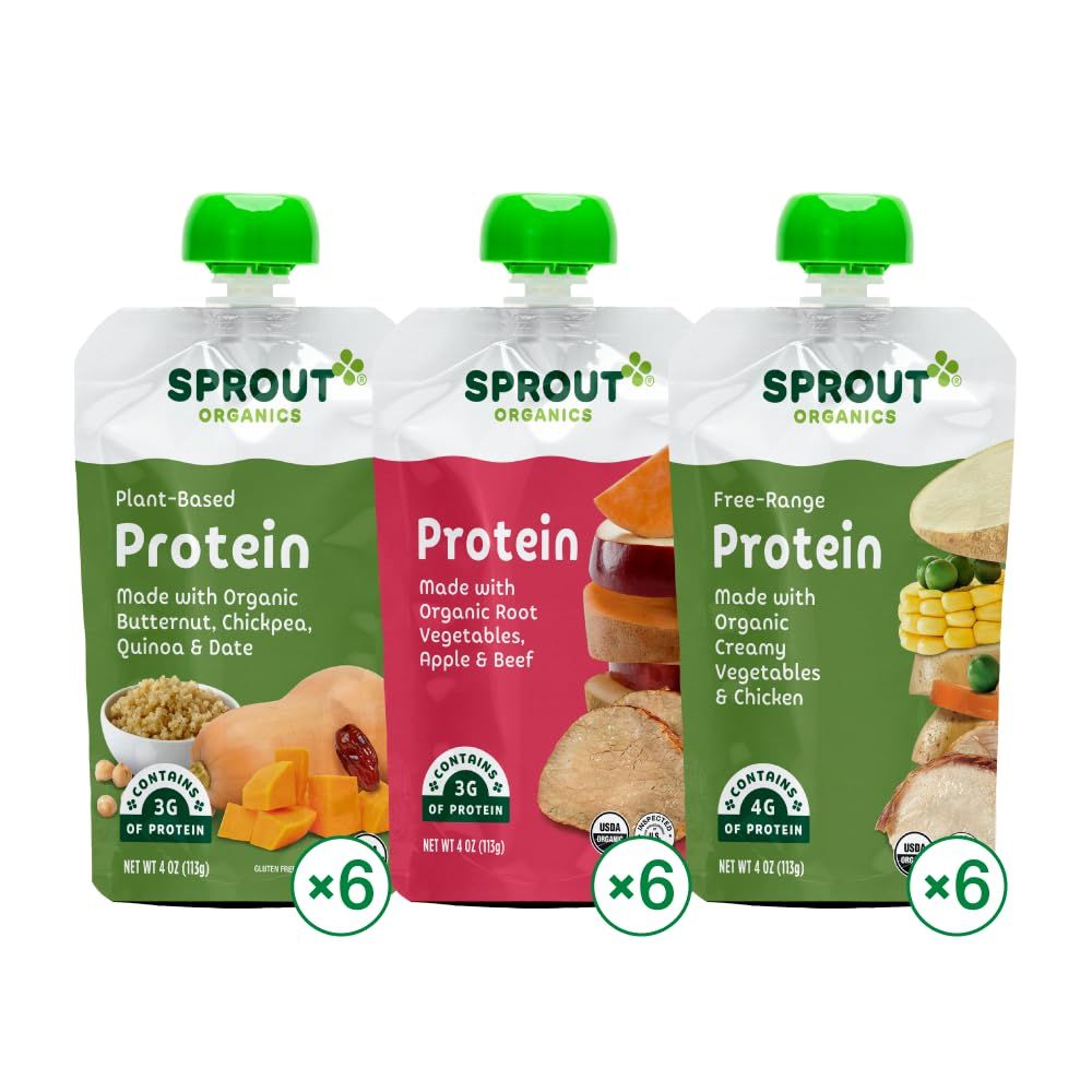 Sprout Organics Baby Food, Root Veg  Beef, Creamy Veg  Chicken, Plant-Based Chickpea Protein Pack, 8 Months, 4 Oz Purees (Pack of 18)