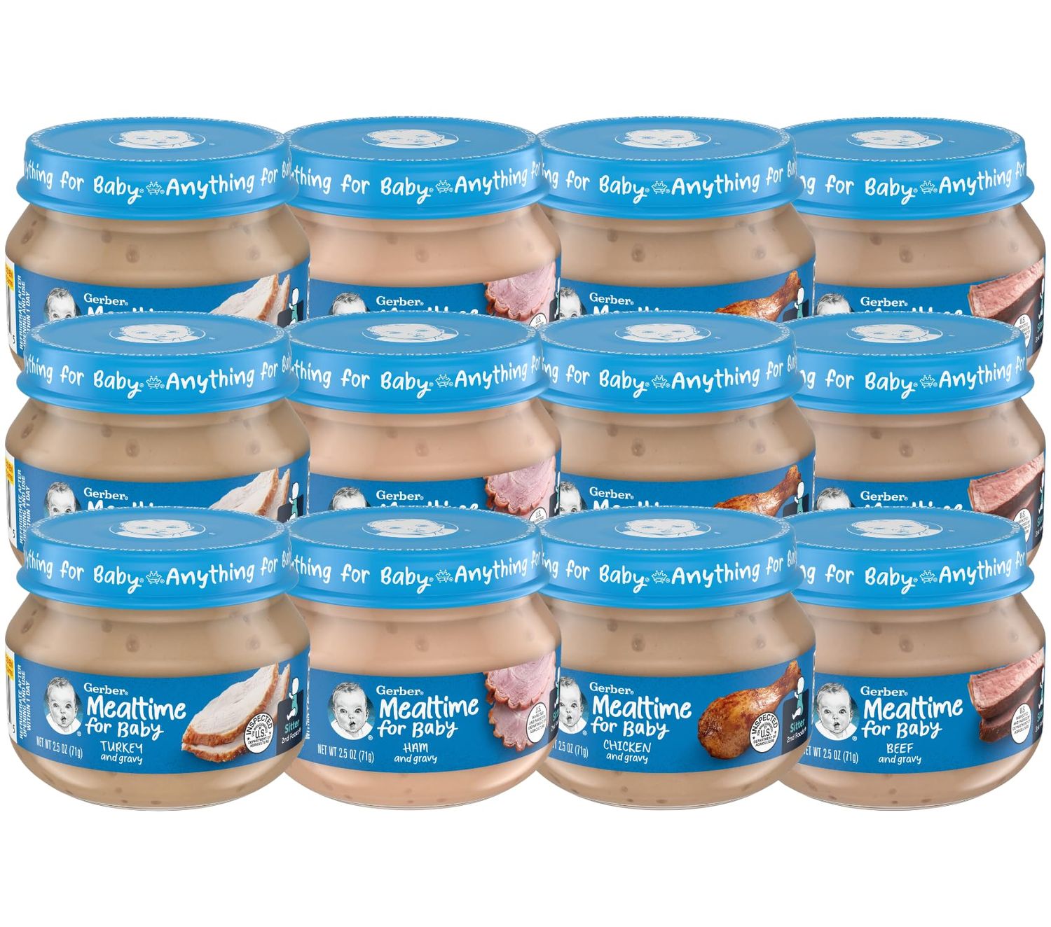 Gerber 2nd Foods 12 Total 2.5 Ounce Jars of Each Flavor (3 Turkey  Turkey Gravy, 3 Ham and Ham Gravy, 3 Chicken  Chicken Gravy, 3 Beef and Gravy)