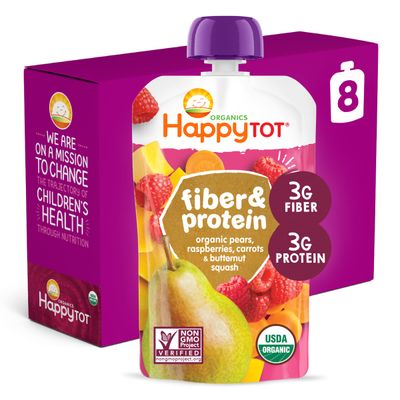 Happy Tot Organics Stage 4 Baby Food Pouches, Gluten Free, Vegan Snack, Fiber  Protein Fruit  Veggie Puree, Pears, Raspberries, Butternut Squash  Carrots, 4 Ounce (Pack of 8)