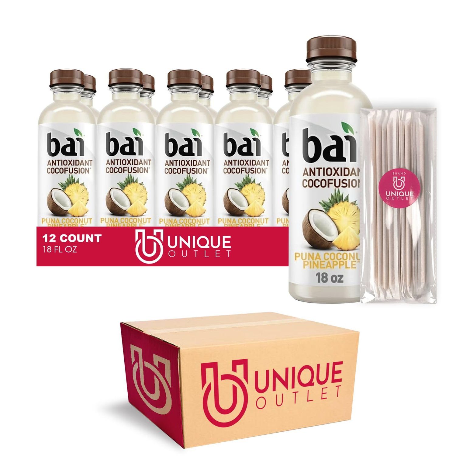 Bai 12-Pack of Puna Coconut Pineapple Antioxidant Infused Drink 18 fl oz Plastic Bottle  25 Sugarcane Food Grade Disposable Straws by Unique Outlet Brand