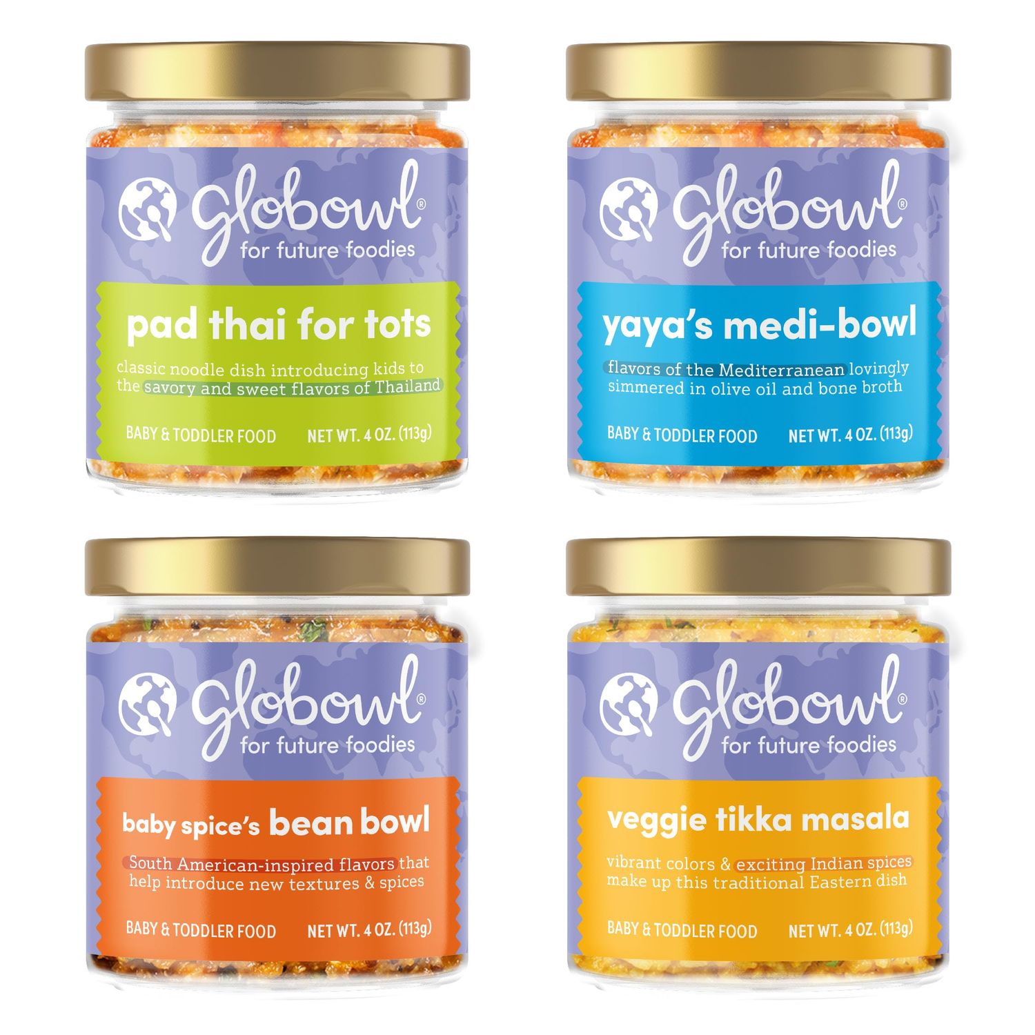 Globowl Stage 3 Baby Food  Toddler Meals, 6 Months Early Allergen Introduction, Baby Led Weaning, International Whole Food Snacks for Toddlers, Babies, 4 oz Glass Jar, Variety 4-Pack