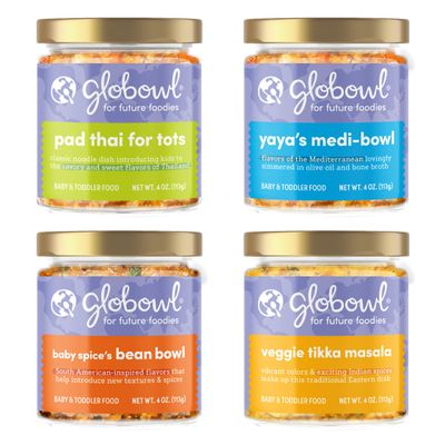 Globowl Stage 3 Baby Food  Toddler Meals, 6 Months Early Allergen Introduction, Baby Led Weaning, International Whole Food Snacks for Toddlers, Babies, 4 oz Glass Jar, Variety 4-Pack