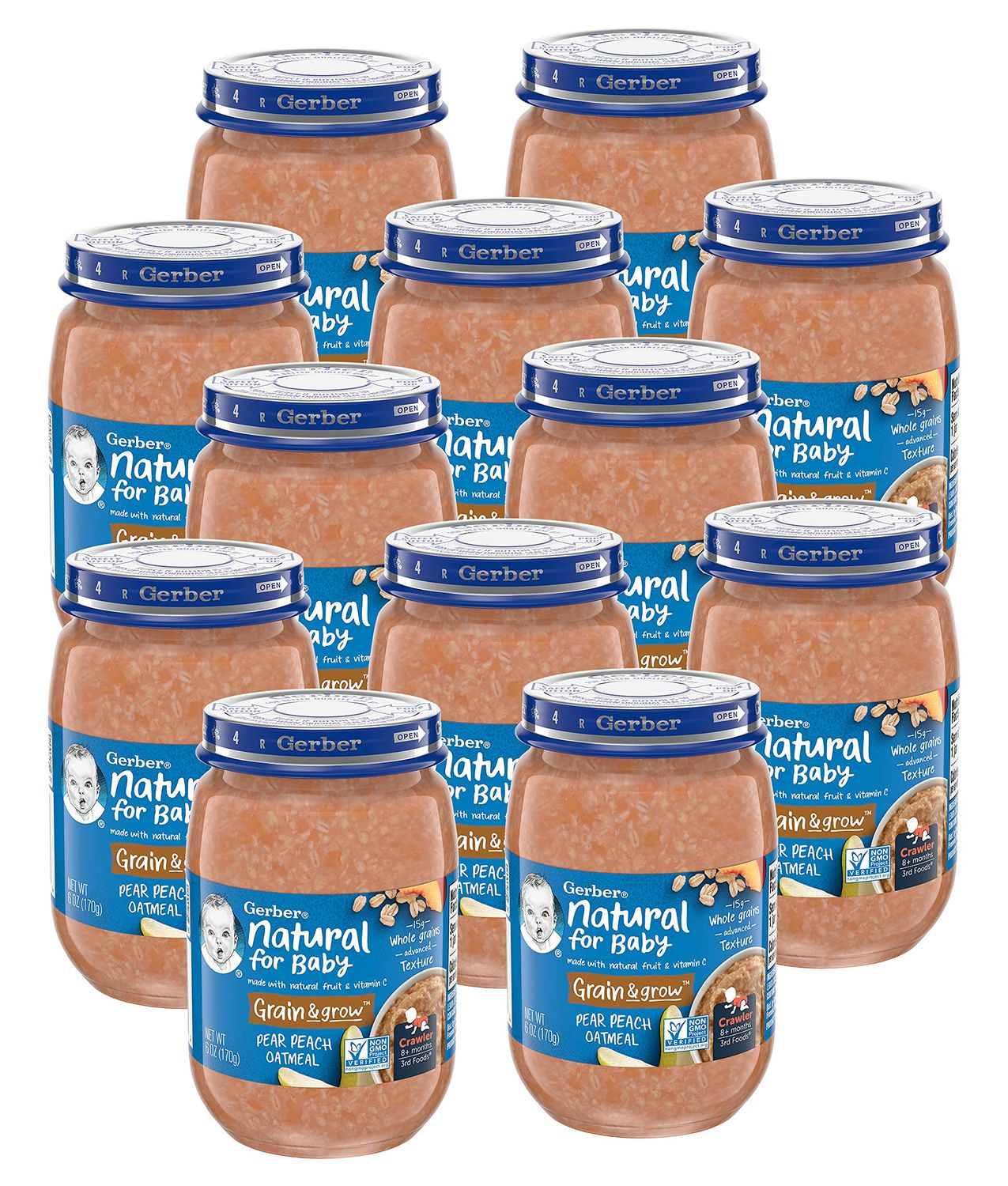 Gerber 3rd Foods Natural for Baby Grain  Grow Baby Food Jar, Pear Peach Oatmeal, Made with Natural Fruit  Vitamin C with Advanced Texture, 6 OZ Glass Jar (Pack of 12)