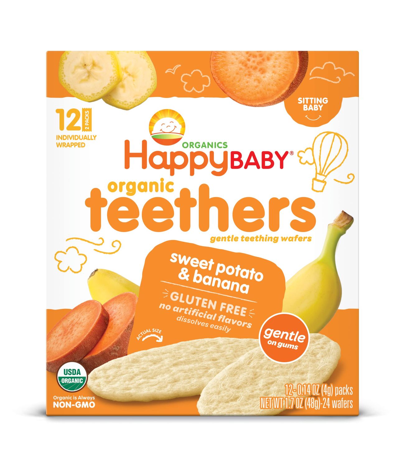 Happy Baby Organics Baby Snacks, Gentle Teething Wafers, Gluten Free  Vegan, Sweet Potato  Banana, 12 Count (Pack of 6)