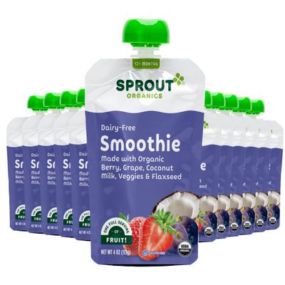 Sprout Organics, Dairy-Free Smoothie, Berry, Grape, Coconut Milk, Veggies  Flax Seed, 12 Month Pouches, 4 oz (12-count)