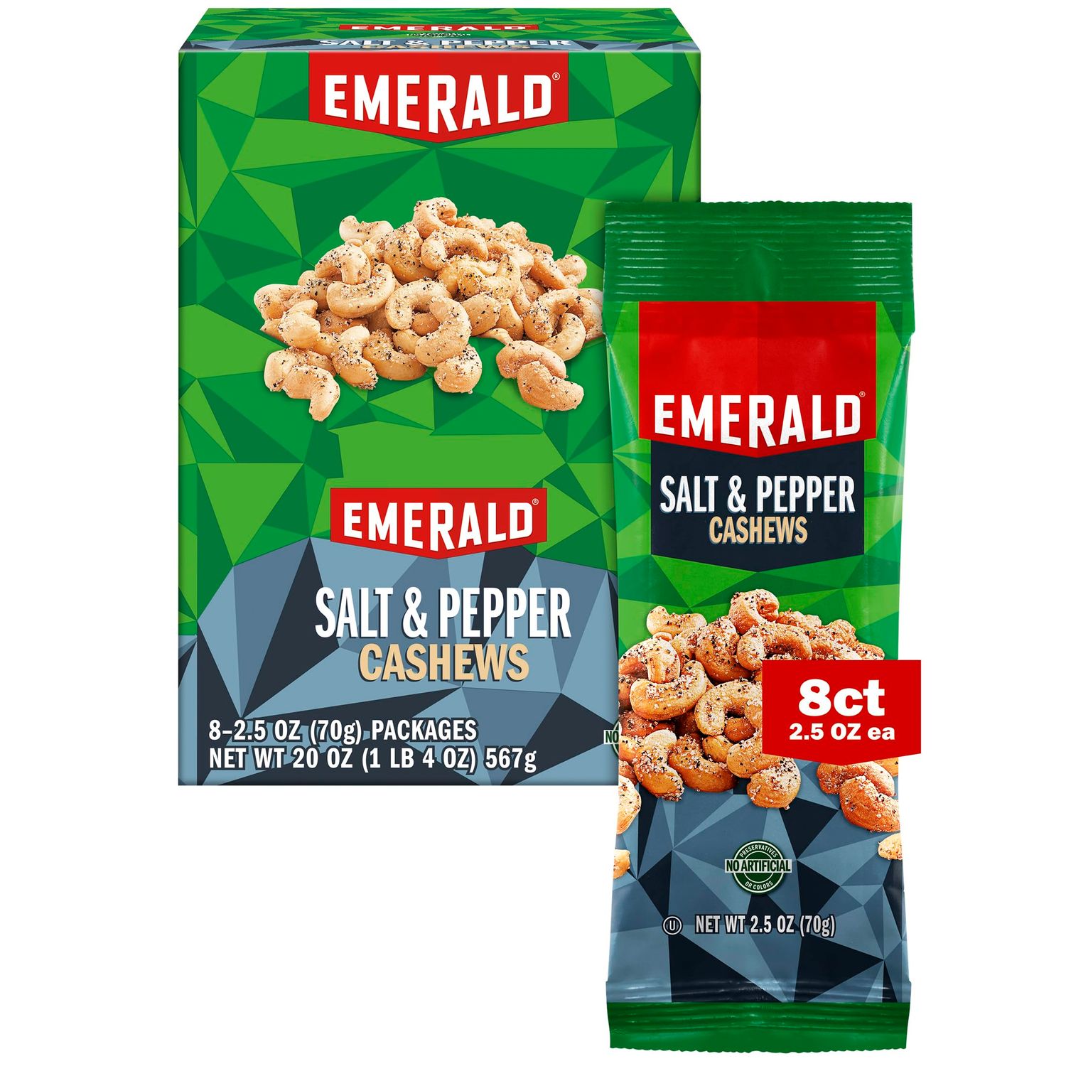 Emerald Nuts Salt and Pepper Seasoned Cashews 8 Ct (1-Pack) | 2.5 Oz Individual Snack Tubes | Kosher Certified, Non-GMO, Contains No Artificial Preservatives, Flavors or Synthetic Colors