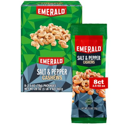 Emerald Nuts Salt and Pepper Seasoned Cashews 8 Ct (1-Pack) | 2.5 Oz Individual Snack Tubes | Kosher Certified, Non-GMO, Contains No Artificial Preservatives, Flavors or Synthetic Colors